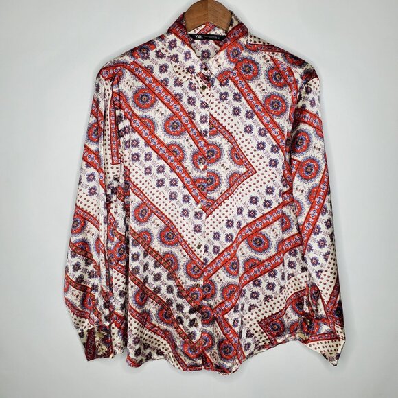 Zara Womens Red Floral Patchwork Silky Button Up Blouse Size M Artsy Career - Picture 1 of 8